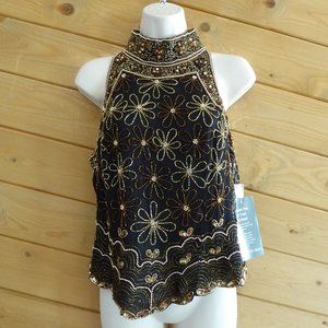 Papell Boutique Evening Gold Black Beaded Silk Sleeveless Halter Top L NWT 115